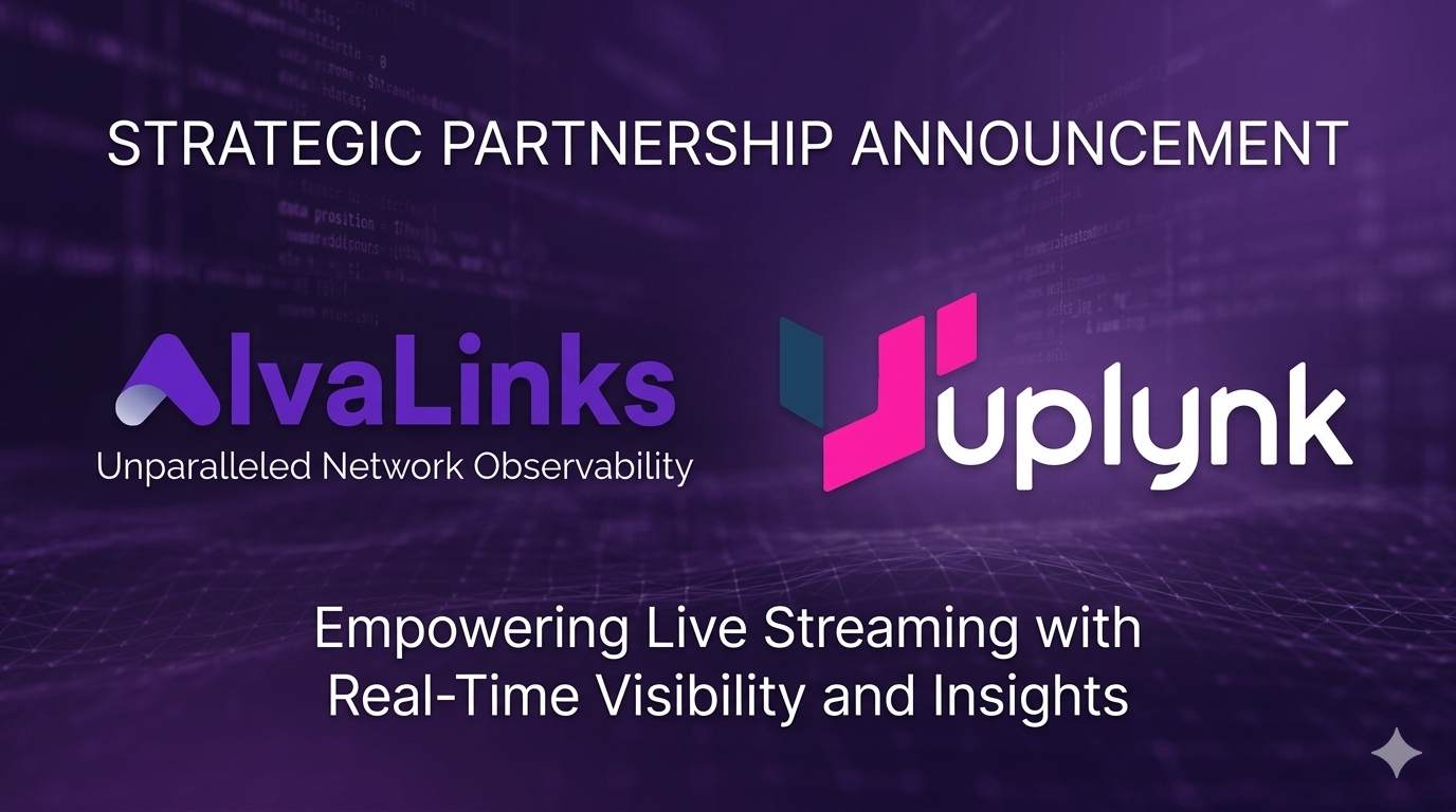 AlvaLinks and Uplynk Strategic Partnership Announcement banner for empowering live streaming with real-time visibility and unparalleled network observability.
